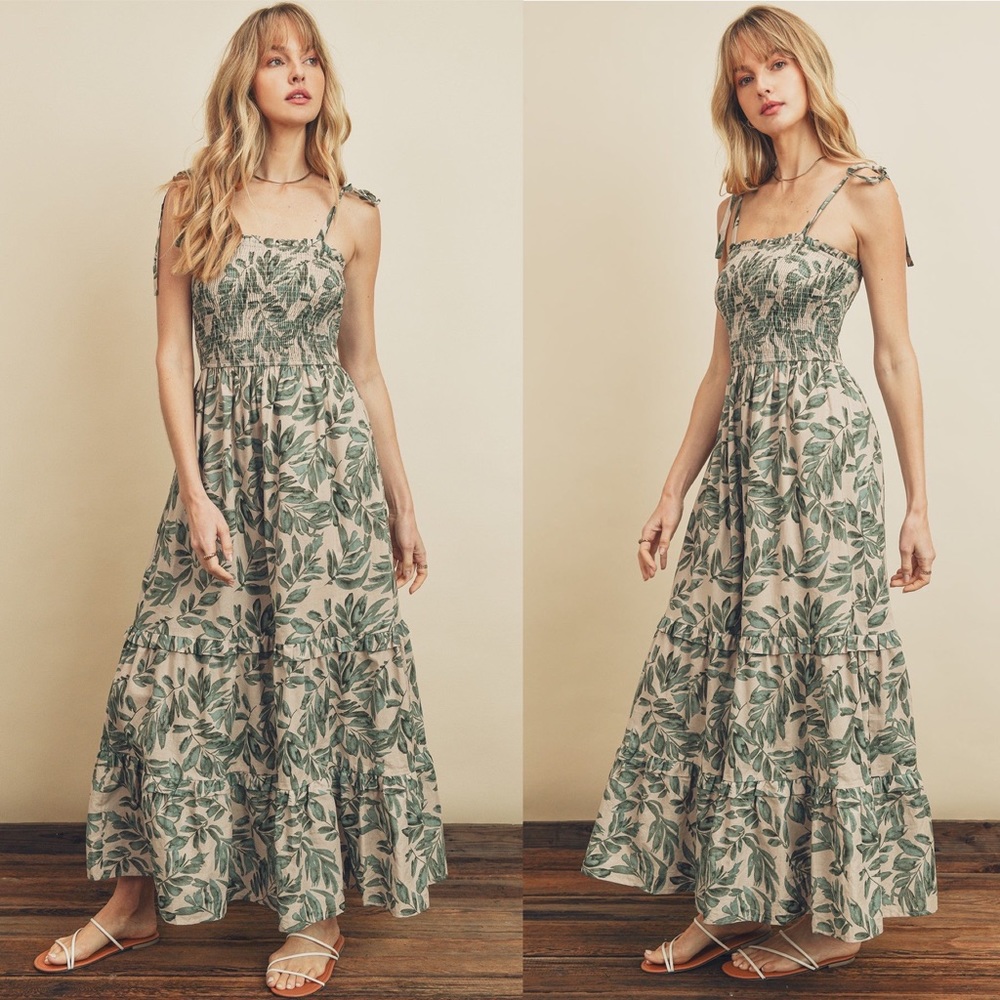 Vintage Palm Smocked Maxi Dress